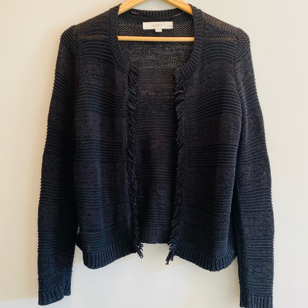 LOFT Black Fringe Cardigan Sweater